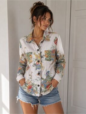 Vintage Y2K Susan Graver Floral White Denim Jacket